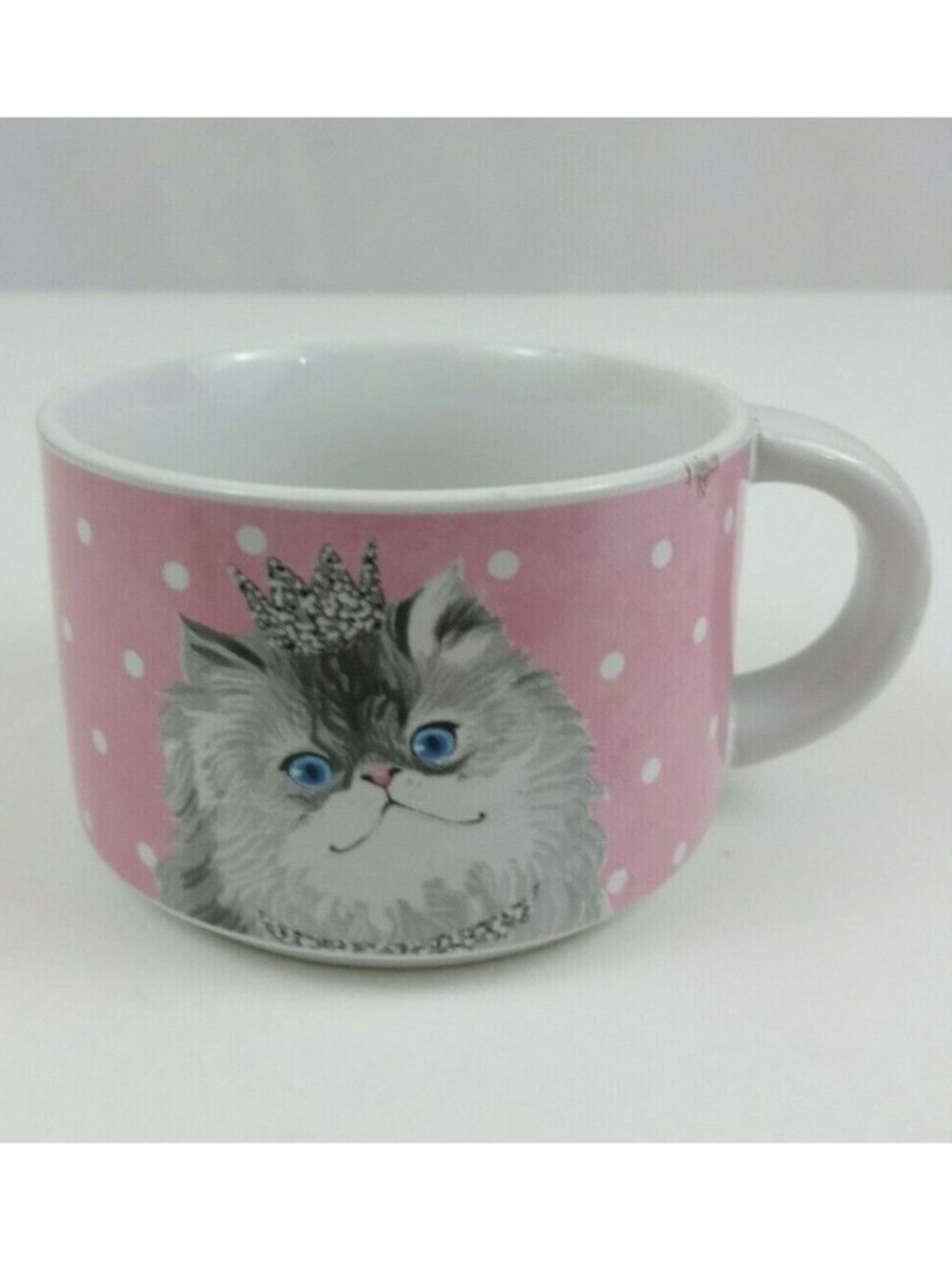 Pier1 Imports Stoneware Pink Polka Dot Cat Kitten Coffee Cup Mug 2.5" Tall